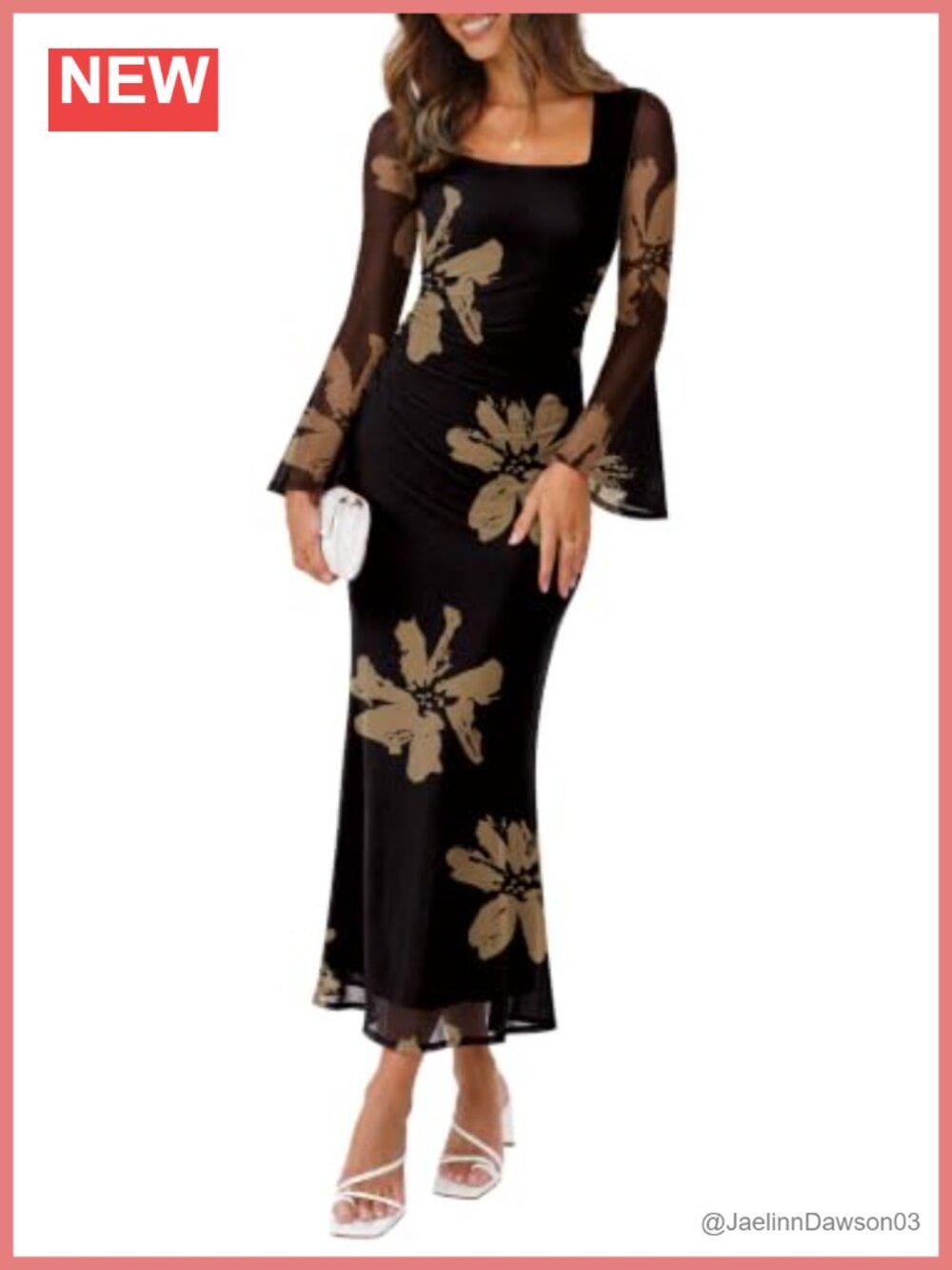 Sipaya Women's Bodycon Maxi Dress Long Sleeve Square Neck Sheer Mesh Wedding
